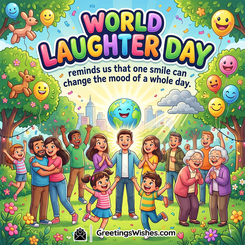 Inspiring Smile World Laughter Day Quote Image featuring families and children enjoying laughter under a bright sky with rainbow and greenery symbolizing hope, joy, and the power of a simple smile.