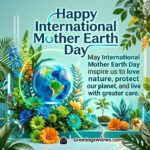 International Mother Earth Day wishes image featuring glowing globe, green plants, flowers, and eco elements symbolising love for nature and care for the planet.
