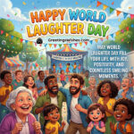 Joyful World Laughter Day Wishes Image featuring people of all ages laughing together in a festive outdoor setting with colorful decorations symbolizing happiness, positivity, and shared smiles.