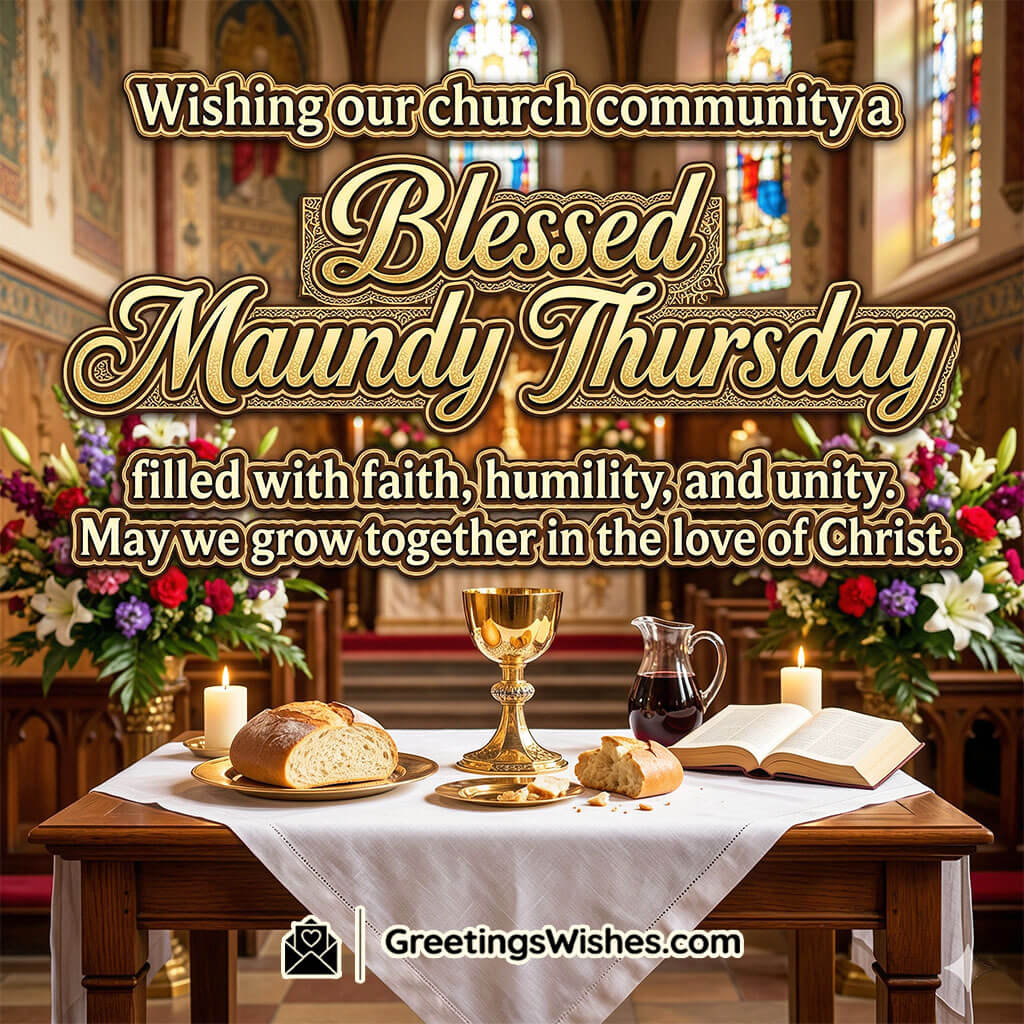 Maundy Thursday church community image featuring altar with bread, wine, Bible, candles, and flowers symbolising unity, faith, and worship.