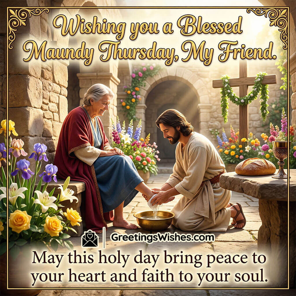 Maundy Thursday friends message image depicting Jesus washing feet with flowers and cross symbolising humility, kindness, and friendship.