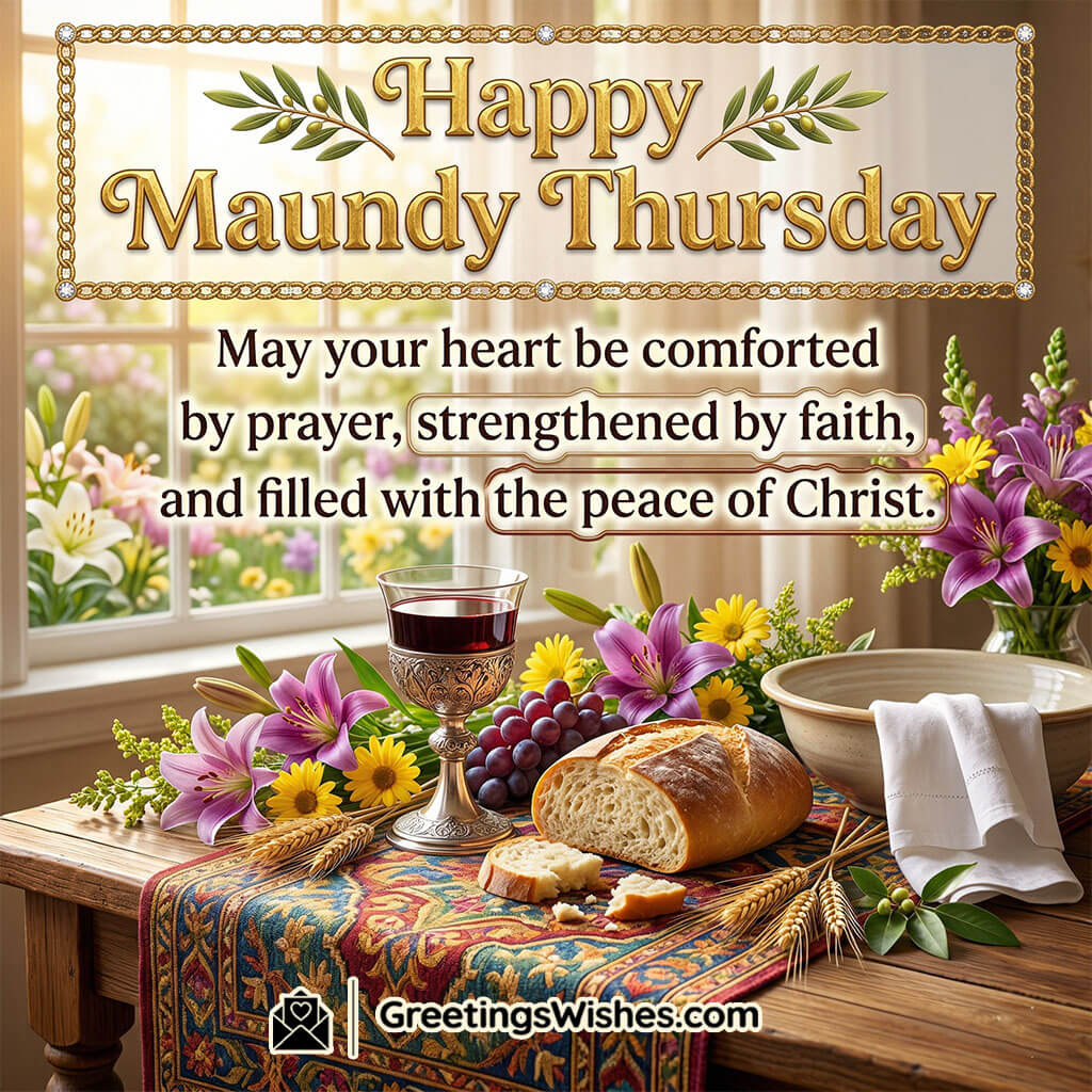Maundy Thursday loved ones message image with warm lighting, bread, grapes, candle, and flowers symbolising love, care, and peace.