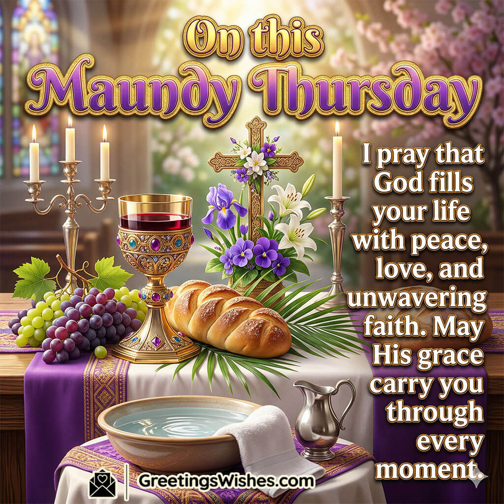 Maundy Thursday prayer image showing chalice, bread, cross, candles, and floral arrangement symbolising prayer, grace, and spiritual strength.