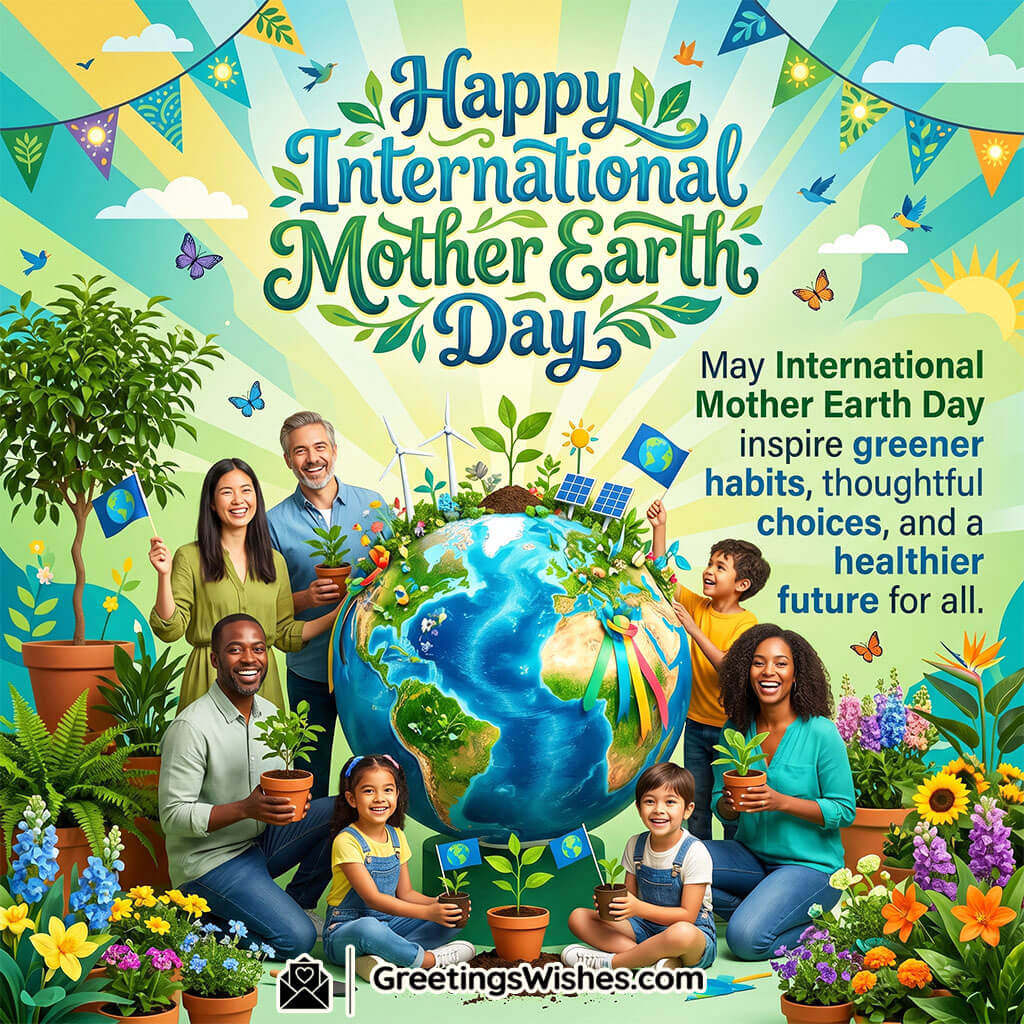 International Mother Earth Day colleagues wishes image featuring globe with clean energy elements, trees, and water symbolising responsibility, teamwork, and eco awareness.
