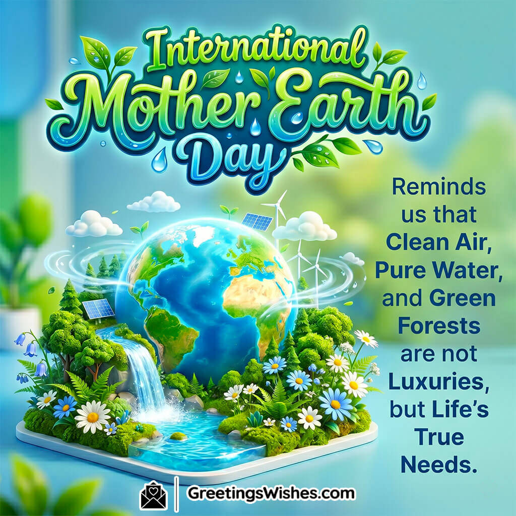 International Mother Earth Day environmental awareness image showing globe with waterfalls, greenery, solar panels, and windmills symbolising clean air, water, and sustainability.