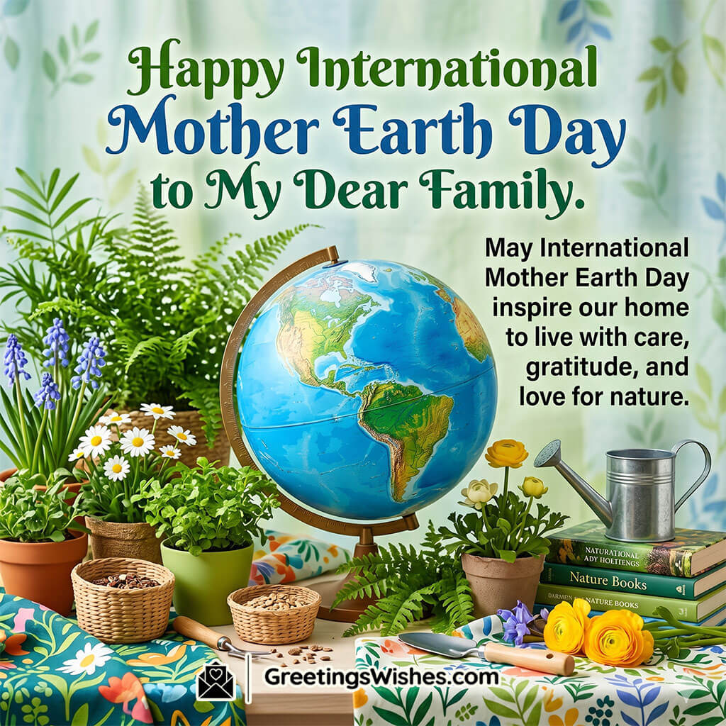 International Mother Earth Day family message image showing globe with plants, flowers, gardening tools, and books symbolising care, gratitude, and family connection with nature.