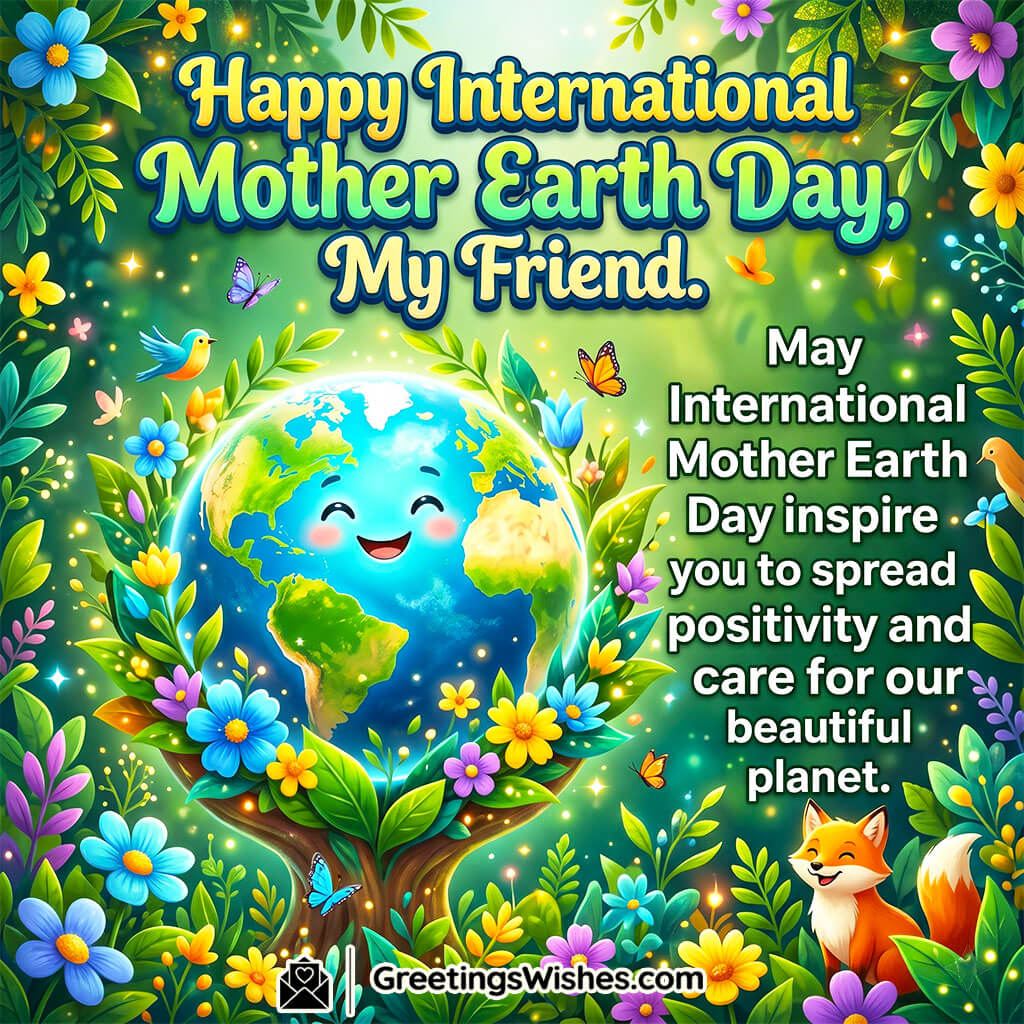 International Mother Earth Day friends message image featuring smiling cartoon earth, flowers, birds, and greenery symbolising friendship, positivity, and caring for the planet.
