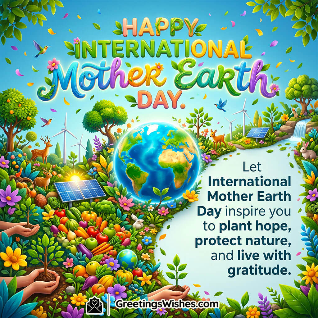 International Mother Earth Day inspirational quote image showing earth with trees, plants, solar panels, and windmills symbolising hope, sustainability, and green living.