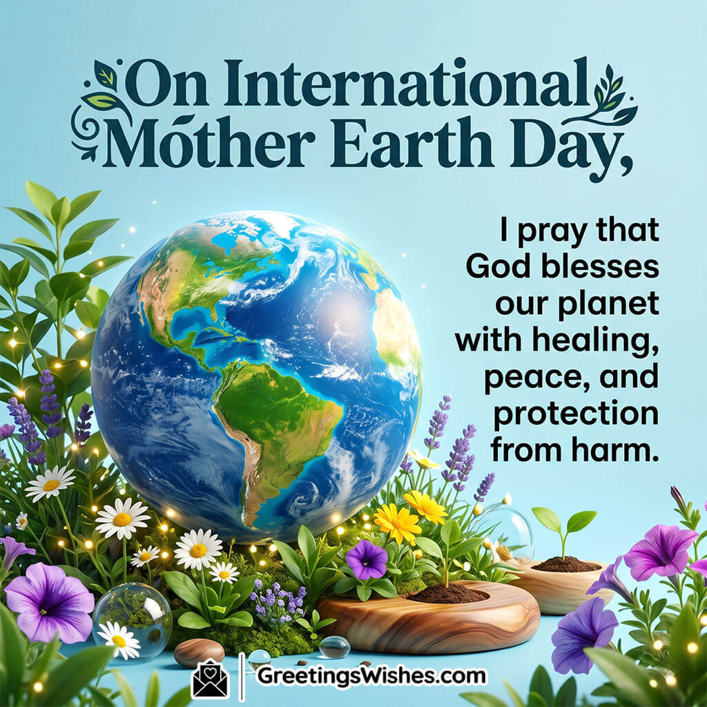 International Mother Earth Day prayer image showing globe with flowers, plants, and peaceful natural elements symbolising blessings, healing, and protection of the planet.