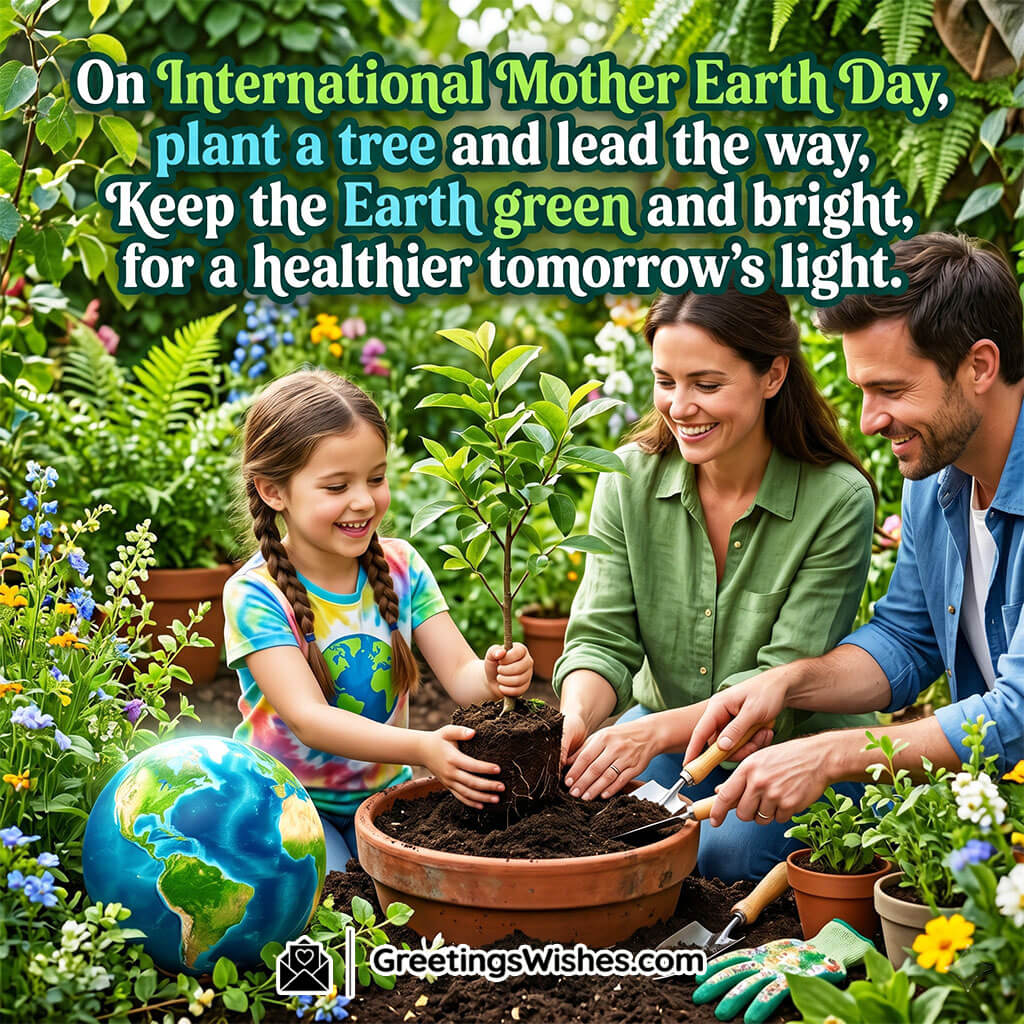 International Mother Earth Day slogan image featuring family planting tree with globe and greenery symbolising action, responsibility, and protecting the environment.