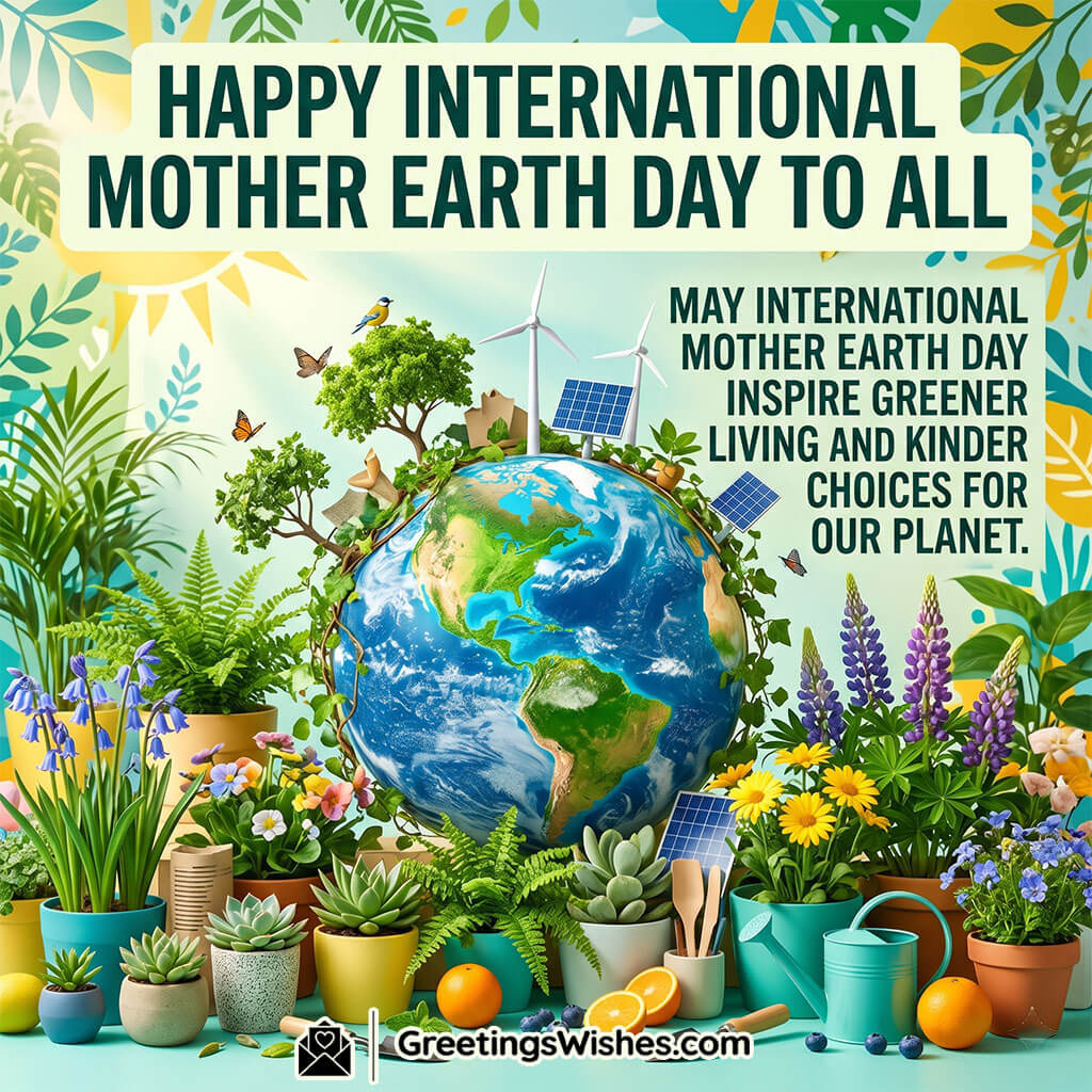 International Mother Earth Day social media message image featuring diverse people holding plants around globe symbolising unity, awareness, and global responsibility.