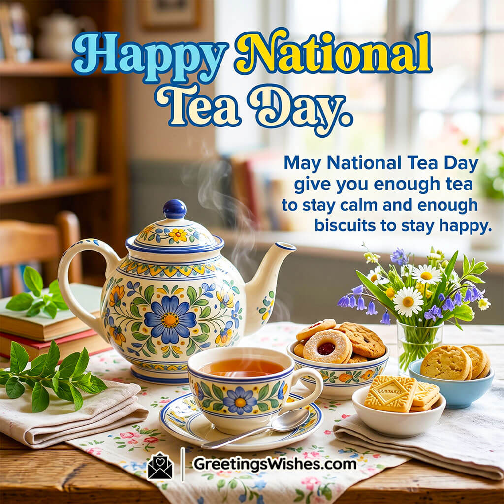 National Tea Day funny message image showing teapot, biscuits, cookies, and steaming tea cups in a cosy setting symbolising fun, relaxation, and lighthearted tea moments.