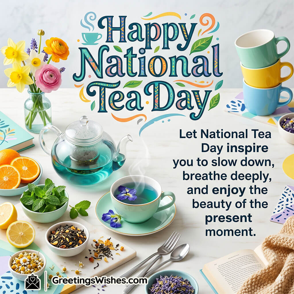 National Tea Day inspirational quote image showing herbal tea, flowers, books, and calm setup symbolising peace, mindfulness, and slow living moments.