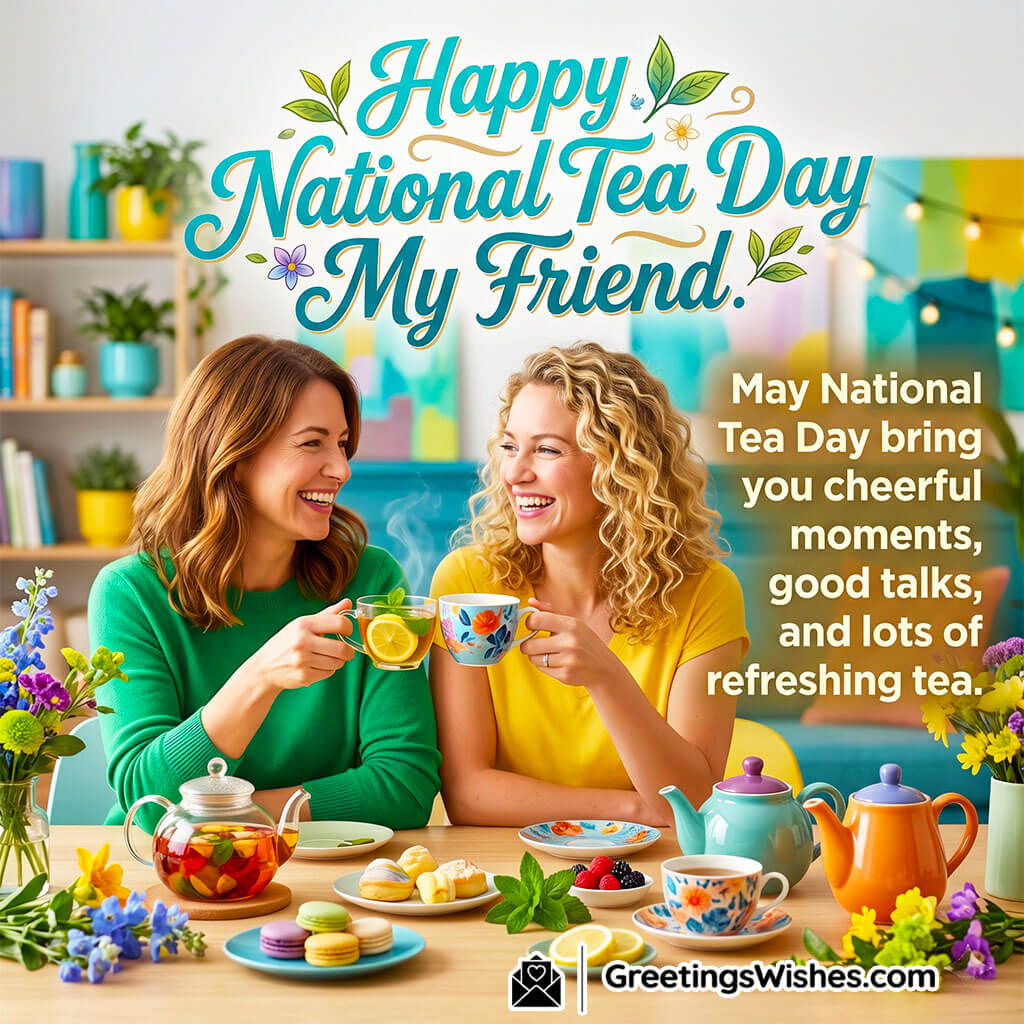National Tea Day friends wishes image featuring two women enjoying tea, smiling, chatting, and colourful decor symbolising friendship, joy, and bonding over tea.