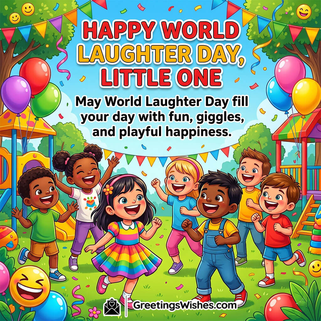 Playful Kids World Laughter Day Wishes Image featuring children laughing and playing in a colorful park with balloons and slides symbolizing innocence, fun, and carefree happiness.