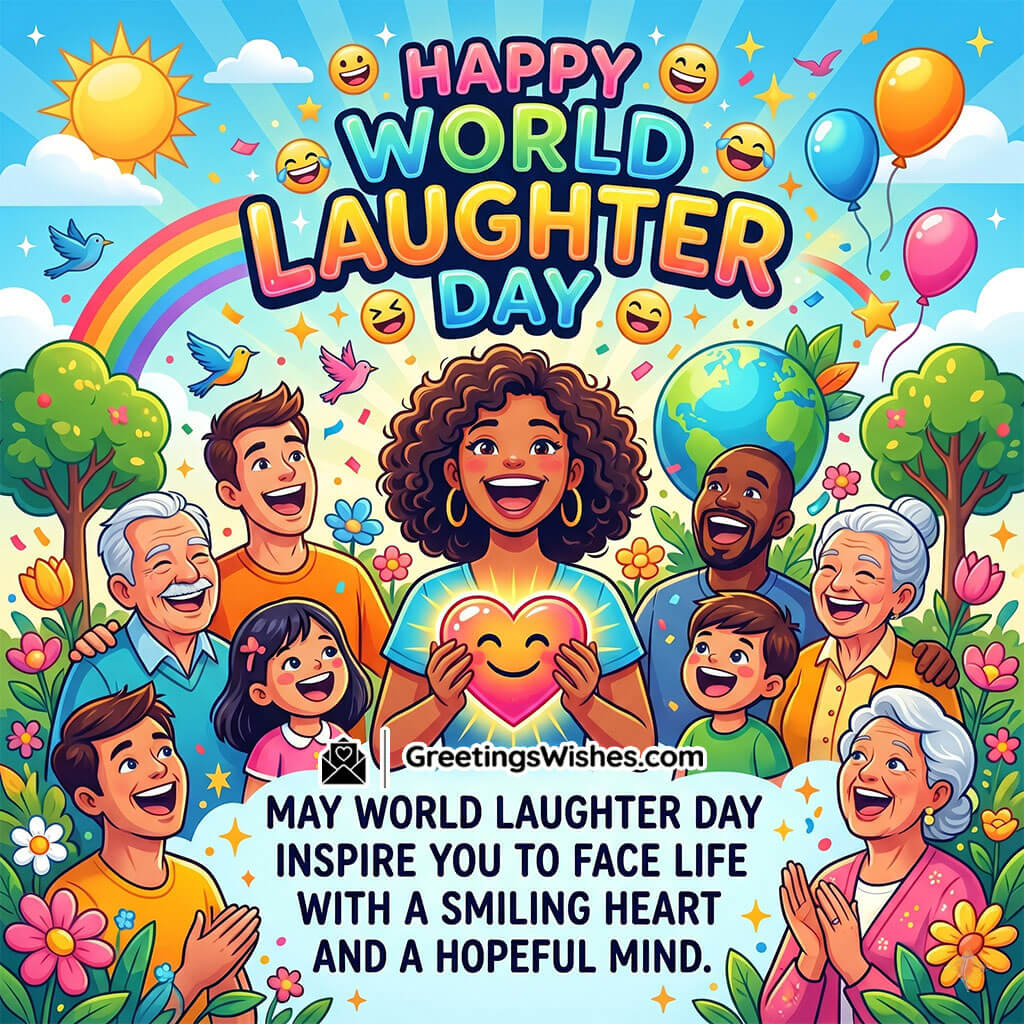 Positive Energy World Laughter Day Inspirational Message Image featuring smiling people with bright colors, hearts, and uplifting atmosphere symbolizing hope, positivity, and emotional well-being.