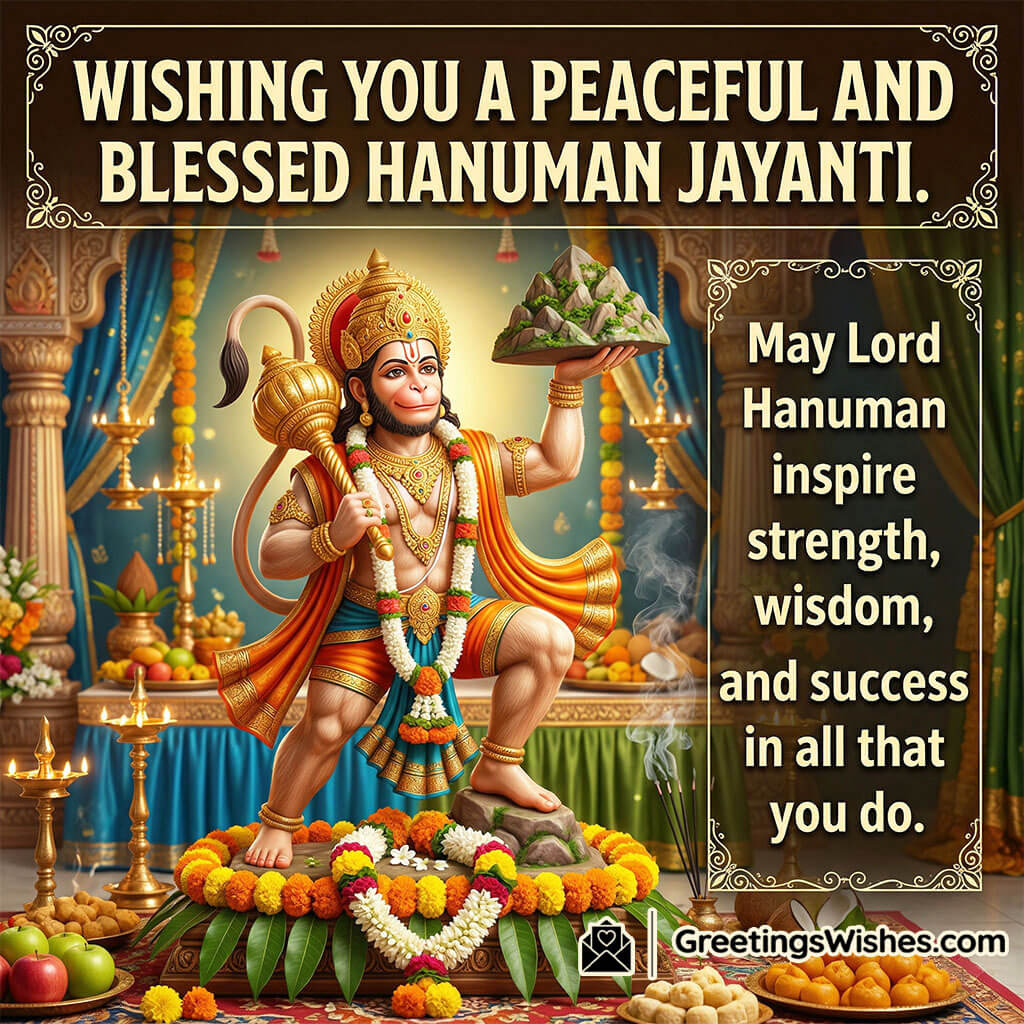 Hanuman Jayanti blessing image featuring Lord Hanuman holding mountain inside decorated temple with diyas, flowers, and offerings symbolising strength, wisdom, success, and divine blessings.
