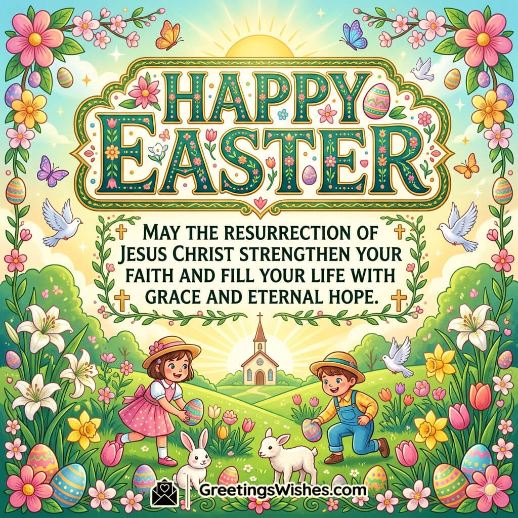 Easter religious message image showing church, cross, sunrise, and children with flowers symbolising resurrection, faith, and divine blessings.