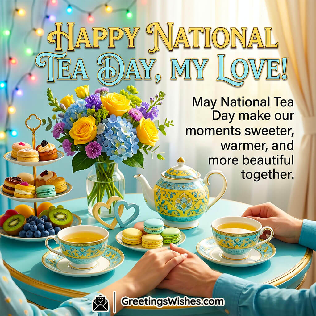 National Tea Day romantic wishes image featuring couple holding tea cups, flowers, sweets, and soft lighting symbolising love, warmth, and beautiful moments together.