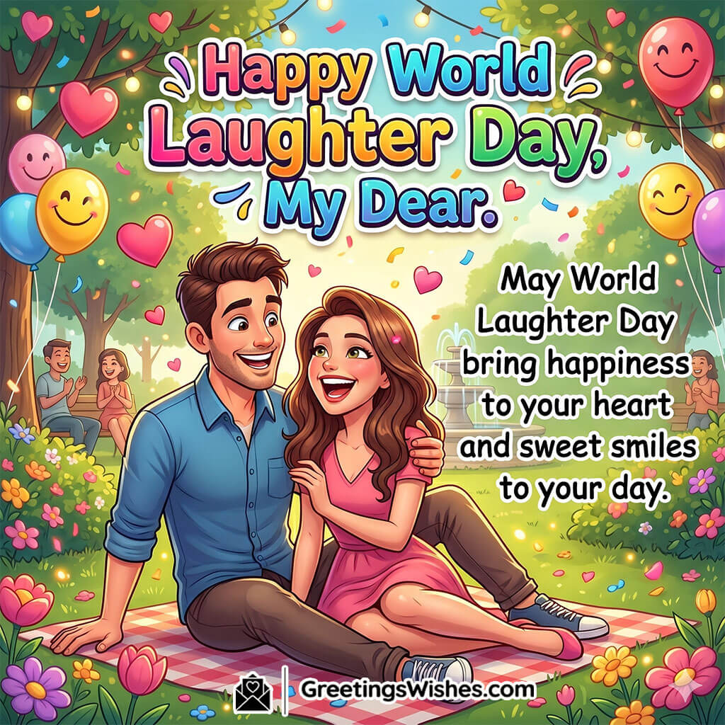 Sweet Moments World Laughter Day Message for Loved Ones Image featuring a happy couple sitting together in a garden with hearts and flowers symbolizing love, care, and joyful connection.
