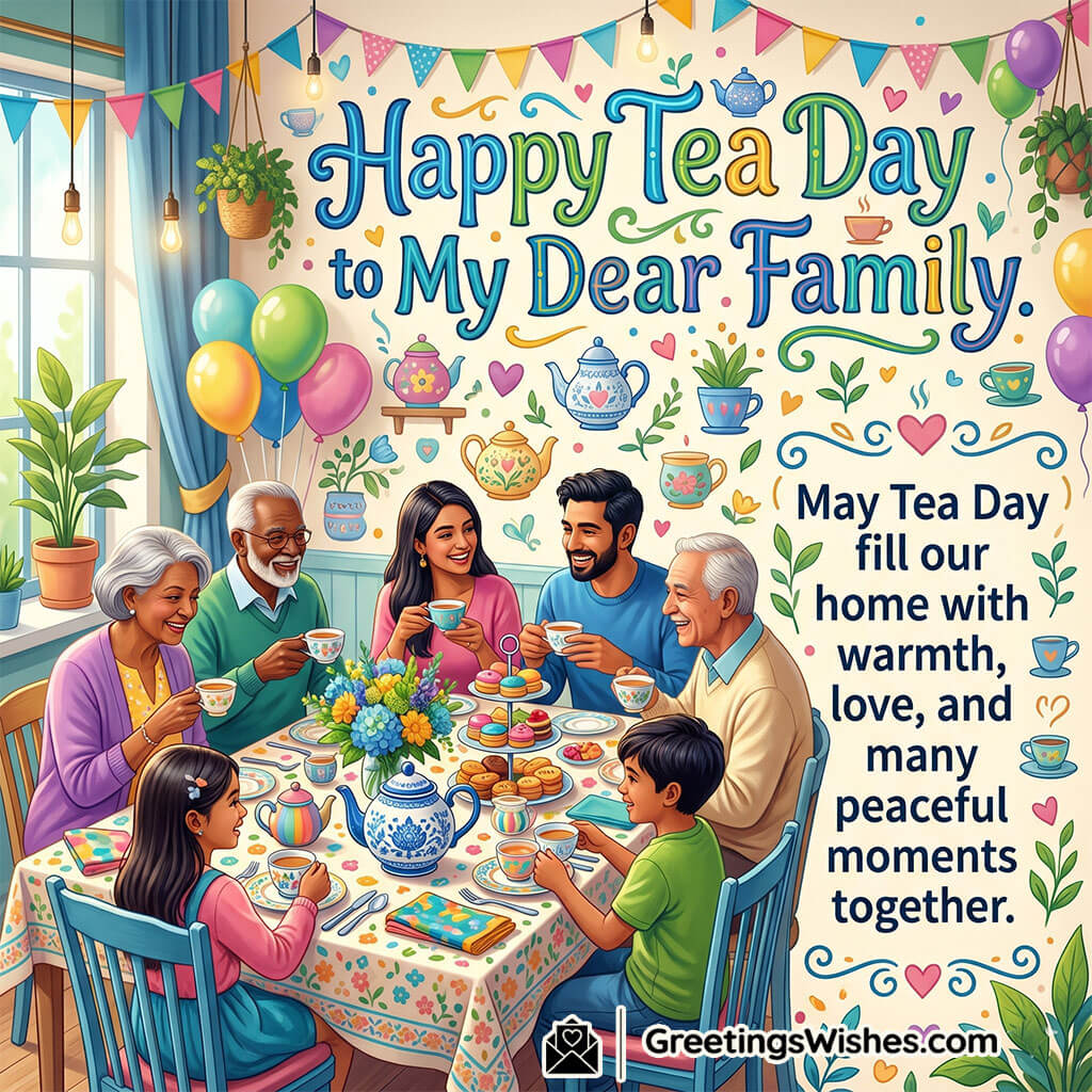 National Tea Day family wishes image showing family gathered around table with tea cups, snacks, and decorations symbolising togetherness, love, and happy moments.