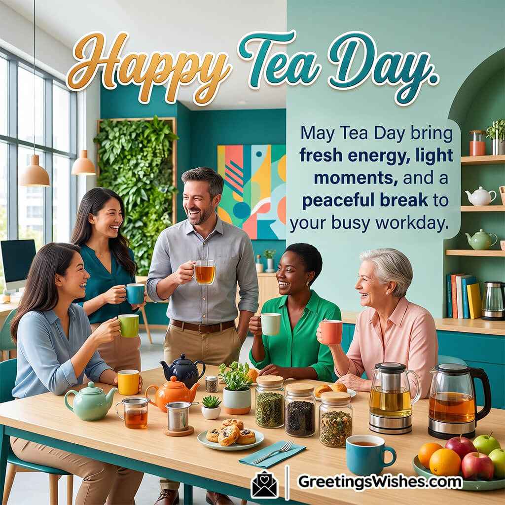 National Tea Day coworkers message image featuring office colleagues enjoying tea together, teapots, cups, and snacks symbolising teamwork, relaxation, and workplace bonding.