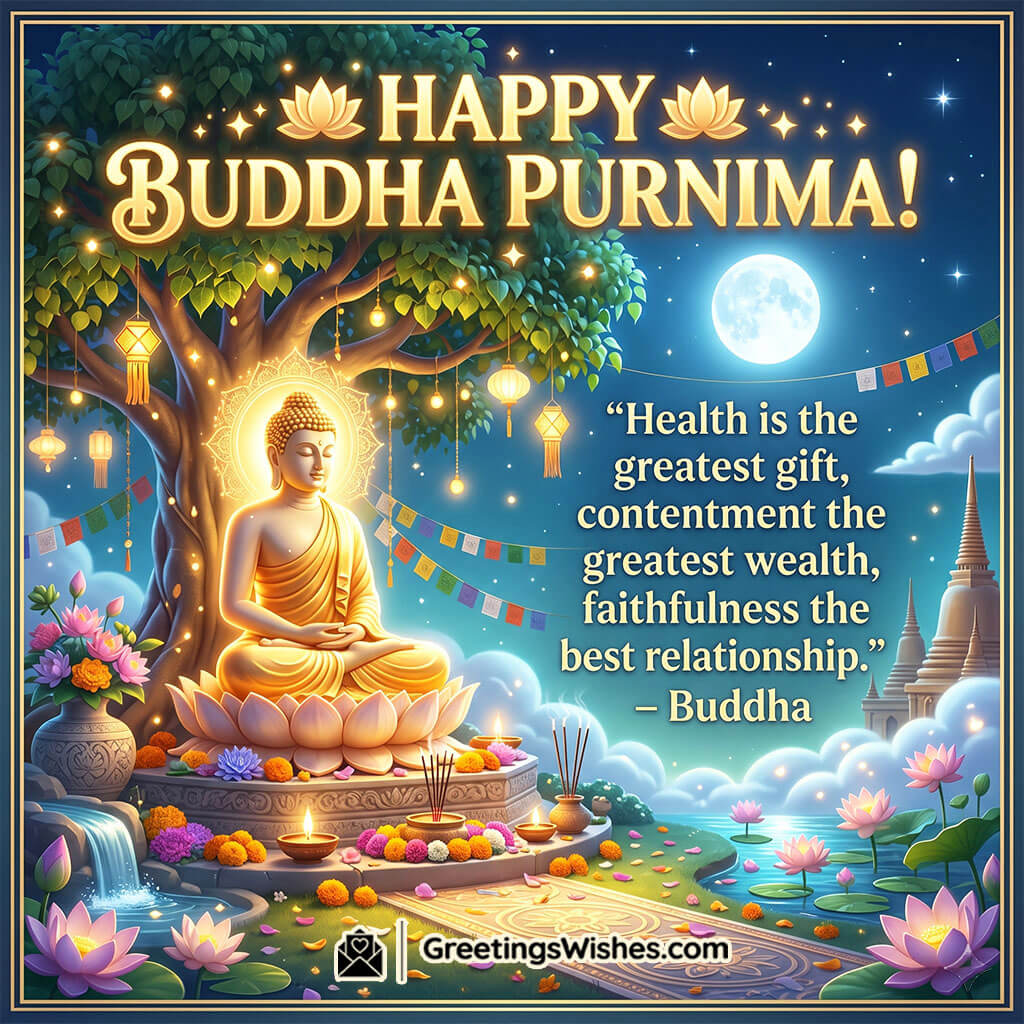 Timeless Wisdom Buddha Purnima Quote Image featuring Buddha statue near flowing water, glowing lights, and temple landscape symbolizing wisdom, reflection, and meaningful life guidance.