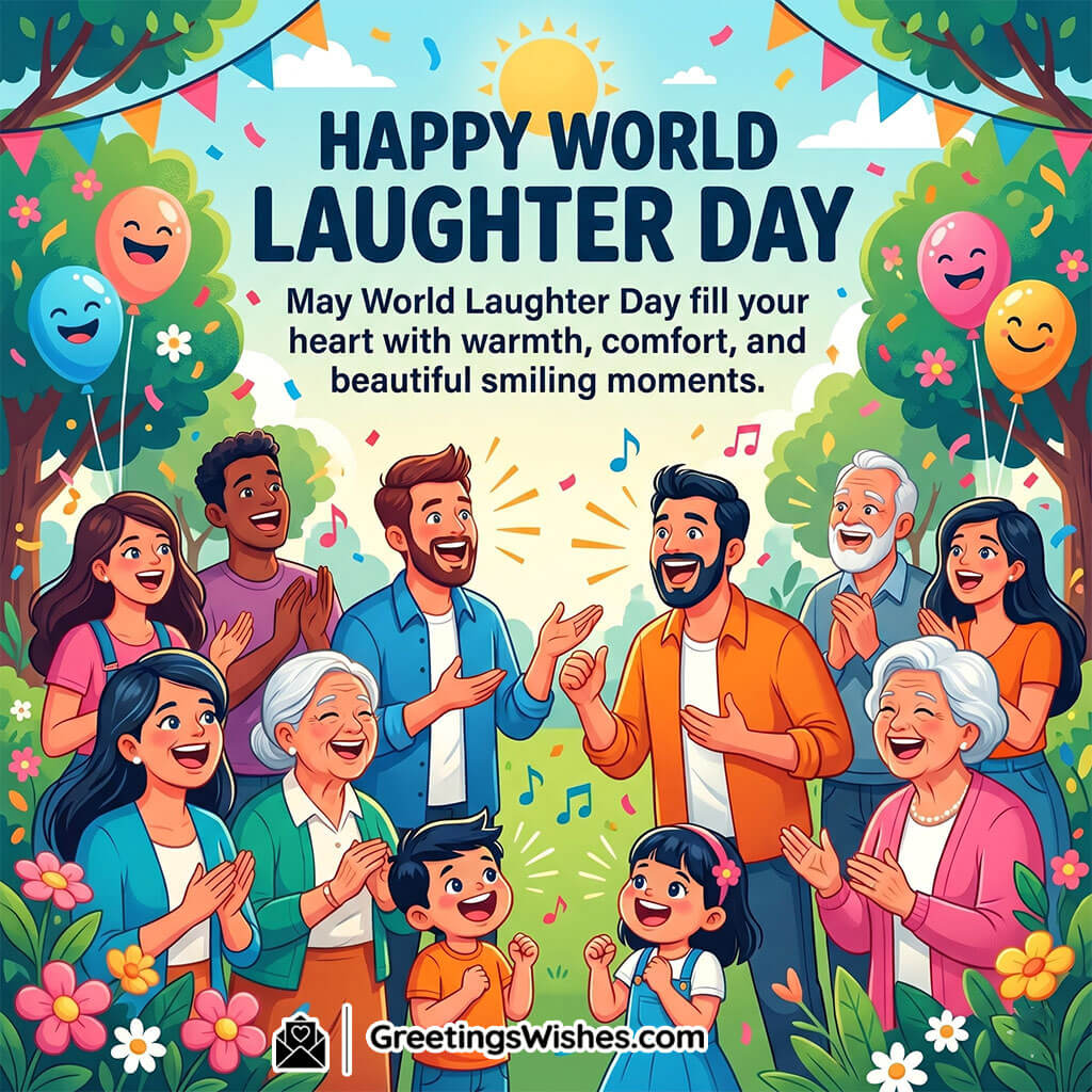 Warm Smiles World Laughter Day Wishes Image featuring joyful people of different ages laughing together in a park with colorful balloons and festive decor symbolizing happiness, unity, and heartfelt moments.