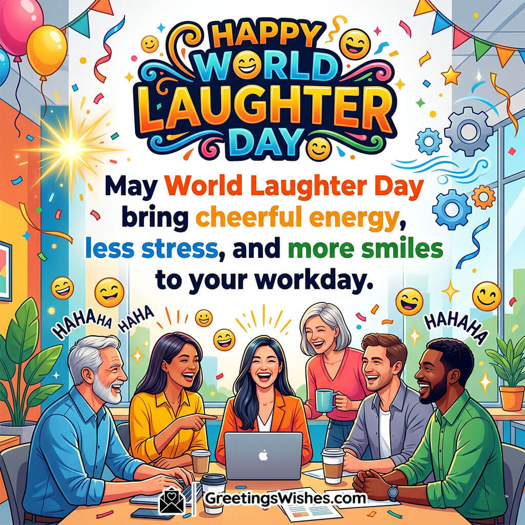 Workplace Smiles World Laughter Day Message Image featuring colleagues laughing together in an office environment with cheerful decor symbolizing stress relief, teamwork, and positive work culture.
