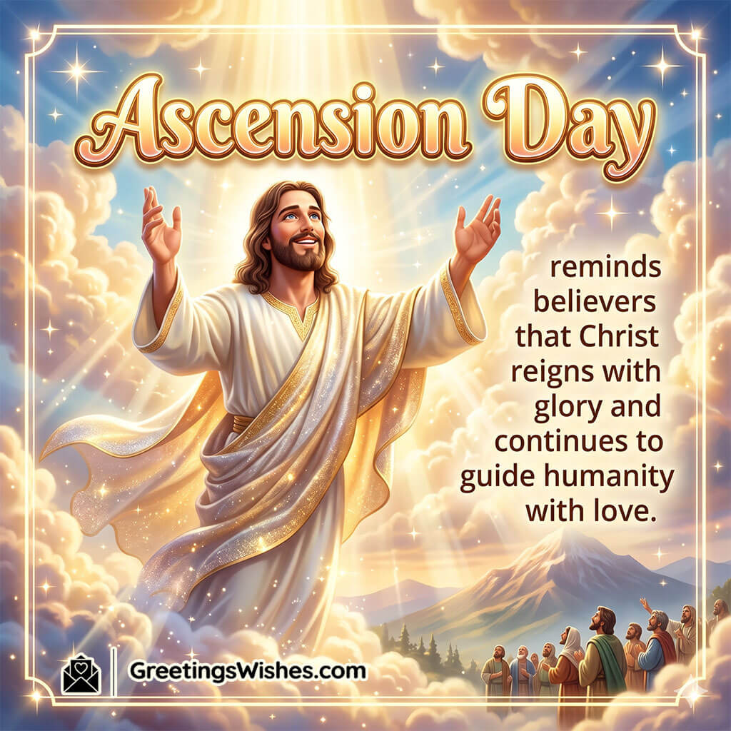 Ascension Day Devotional Quote Image featuring Jesus rising through radiant heavenly clouds while followers pray below symbolizing Christ’s glory, guidance, and eternal love.