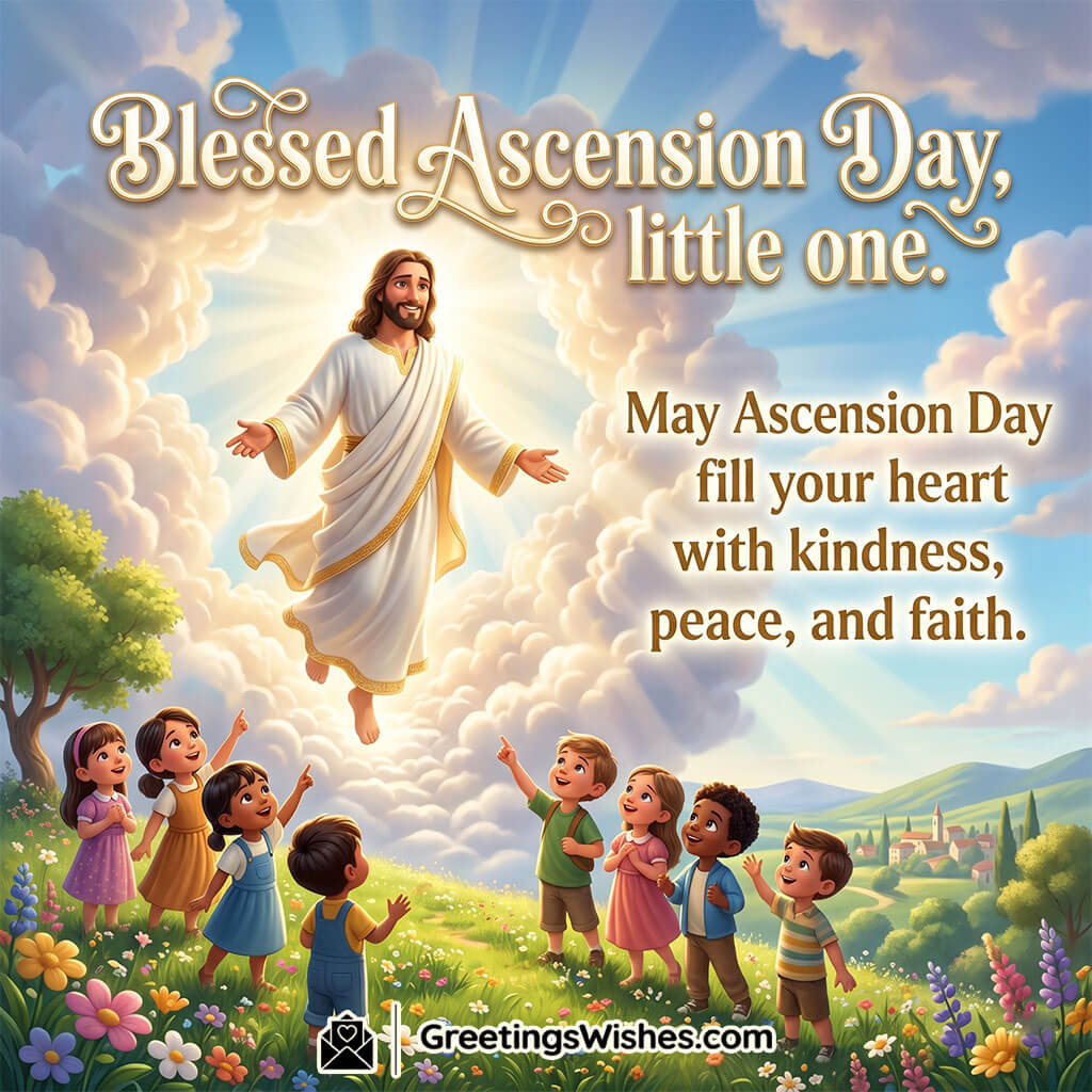 Ascension Day Wish for Children Image featuring joyful children watching Jesus ascend above colorful flowers and bright skies symbolizing innocence, kindness, faith, and heavenly hope.
