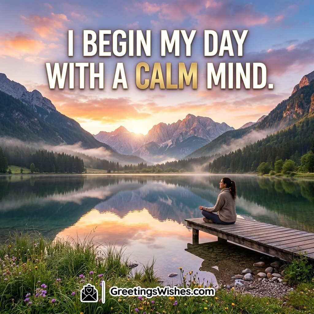Calm Morning Affirmation Quote Image featuring soft sunrise, peaceful lake, and gentle light symbolizing inner peace, relaxation, and a calm start to the day.