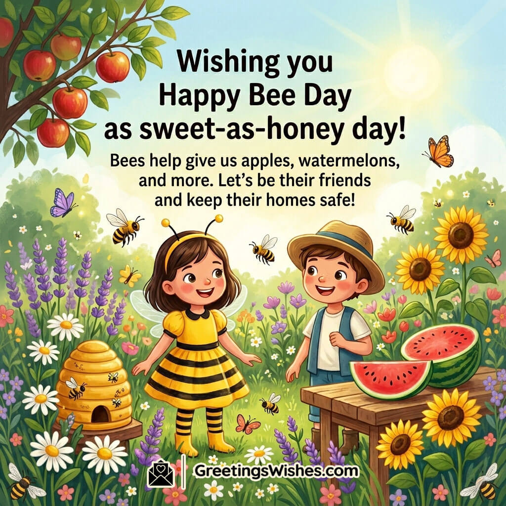 Cute World Bee Day Wishes for Kids Image featuring happy children in a flower garden with bees, fruits, and a beehive symbolizing fun learning, care for bees, and nature awareness.