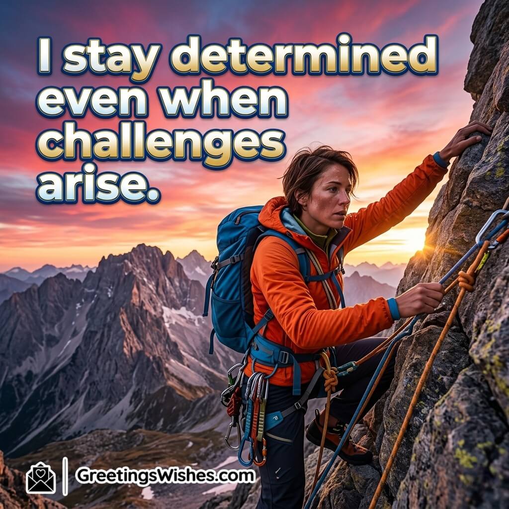 Determination and Strength Affirmation Quote Image featuring person climbing a hill with sunrise in background symbolizing resilience, strength, and courage during challenges.