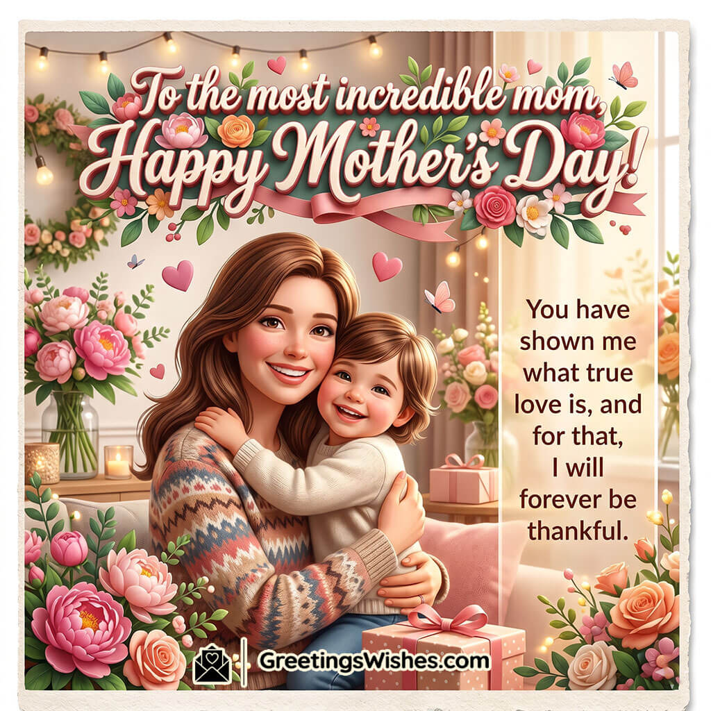 Emotional Mother’s Day Message Image for Mom featuring a loving mother hugging her smiling child with soft flowers and warm lights symbolizing comfort, deep affection, and everlasting maternal love.
