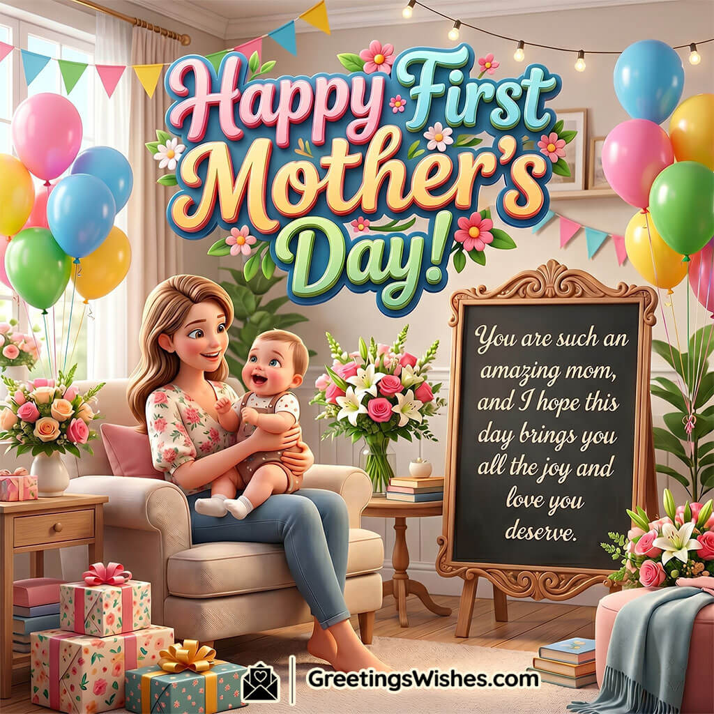 First Mother’s Day Wish Image for New Mom featuring a cheerful mother holding her baby in a decorated room with balloons, flowers, and gifts symbolizing love, new beginnings, and precious motherhood moments.