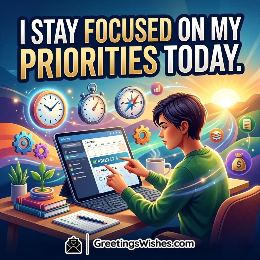 Focus and Productivity Affirmation Quote Image featuring workspace with notebook, coffee, and clean setup symbolizing clarity, discipline, and strong focus on daily goals.