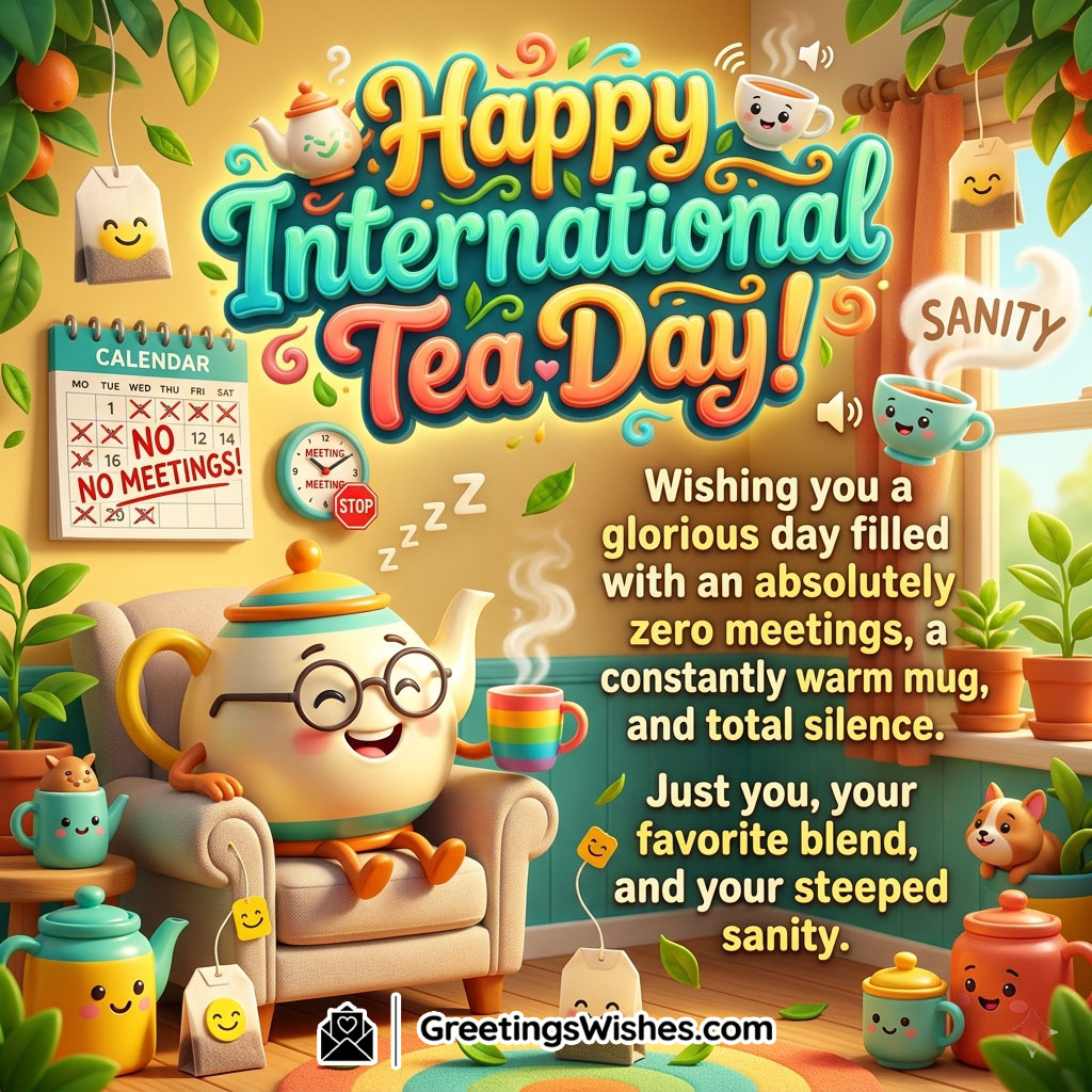 Funny International Tea Day Wishes Image featuring a cute smiling teapot character relaxing with tea cups and playful decorations symbolizing humor, relaxation, and tea loving fun.