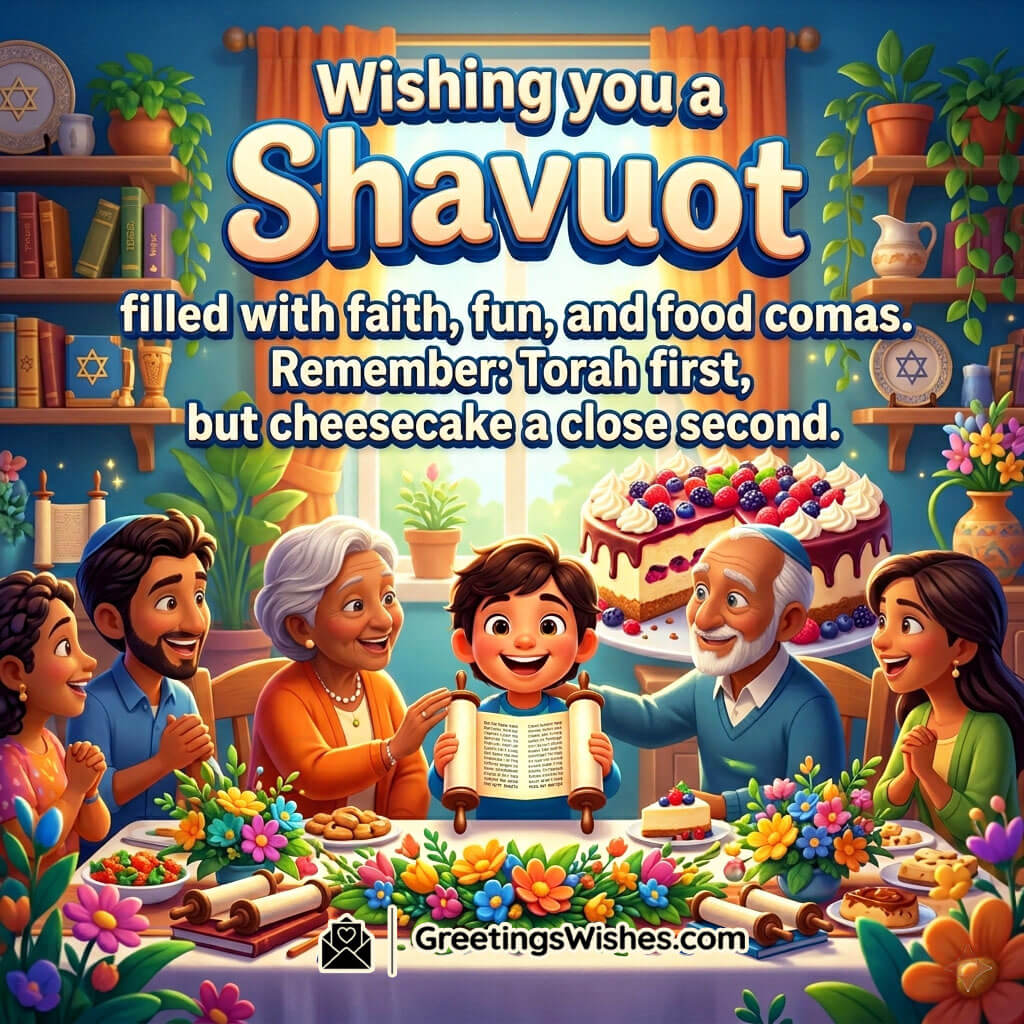 Funny Shavuot Wishes Image featuring a joyful family gathering with cheesecake, Torah scrolls, flowers, and festive smiles symbolizing fun, laughter, delicious food, and happy Shavuot celebrations.
