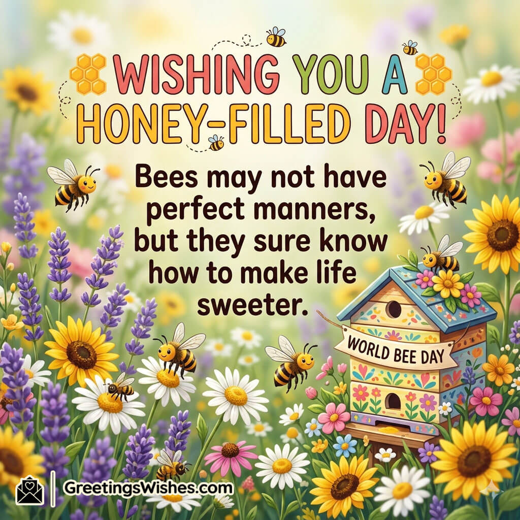 Funny World Bee Day Wishes and Messages Image featuring playful bees around flowers and a decorative beehouse symbolizing joy, sweetness, laughter, and cheerful nature vibes.