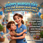 Happy Nurses Day Wish Image for Healthcare Heroes featuring a caring nurse hugging a young child inside a bright hospital corridor symbolizing compassion, healing, and dedication to patient care.