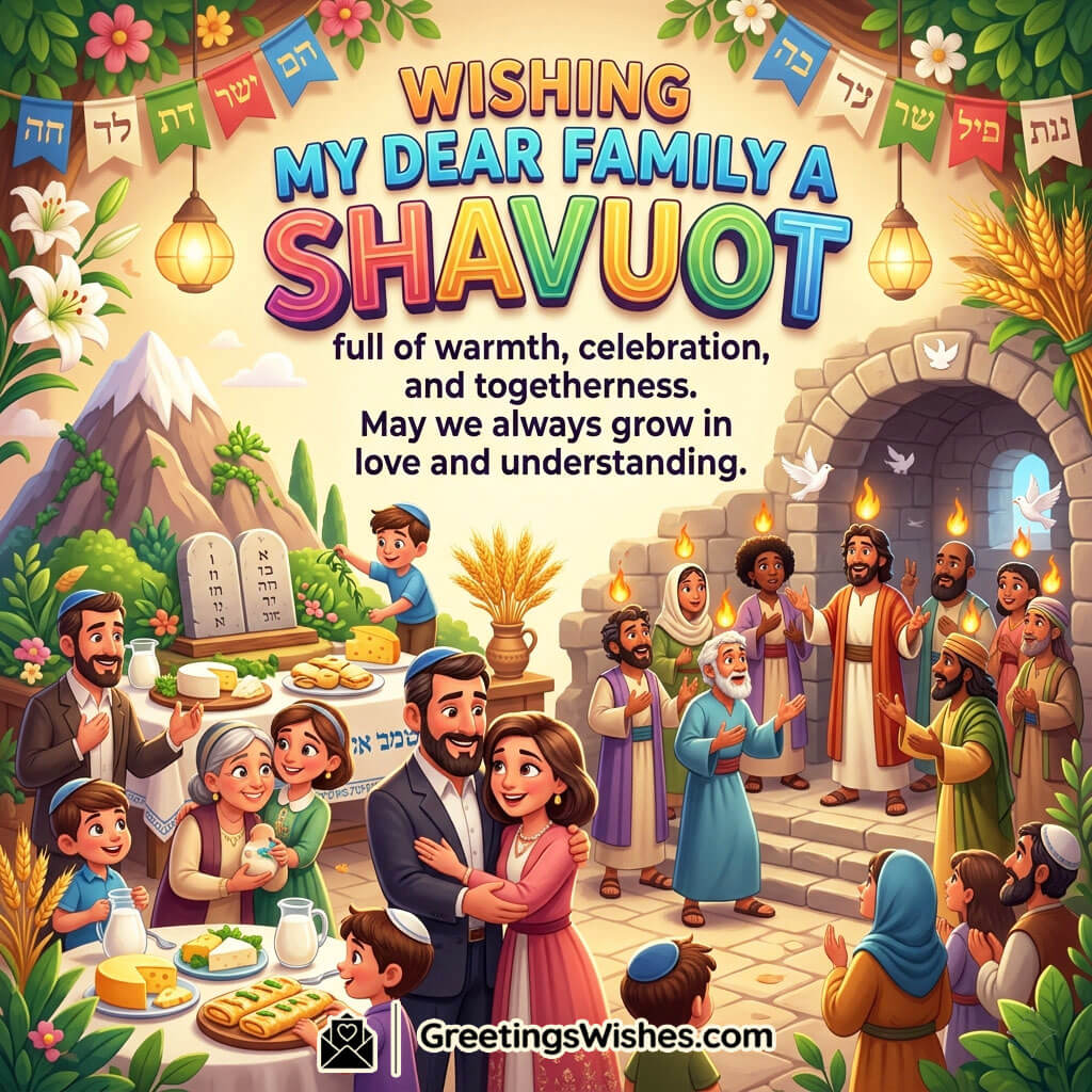 Happy Shavuot Family Wishes Image featuring a warm family celebration with festive meals, candles, Torah symbols, and smiling loved ones symbolizing togetherness, love, and blessings.