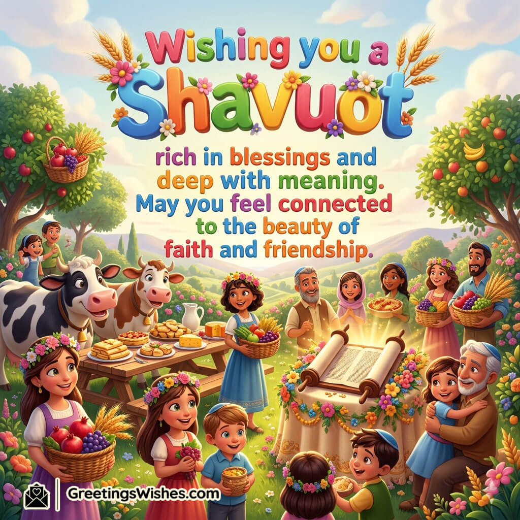 Happy Shavuot Friendship Wishes Photo featuring friends and families celebrating outdoors with fruits, flowers, Torah scrolls, and joyful smiles symbolizing friendship, blessings, and meaningful connections.