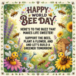Happy World Bee Day Wishes Image featuring cheerful bees, colorful flowers, and a small beehouse symbolizing sweetness, nature, and care for pollinators.
