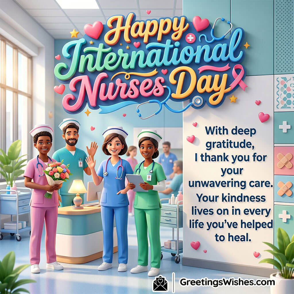 Heartfelt International Nurses Day Gratitude Image featuring nurses standing proudly inside a modern hospital with colorful decorations and thankful messages symbolizing appreciation, dedication, and compassionate service.