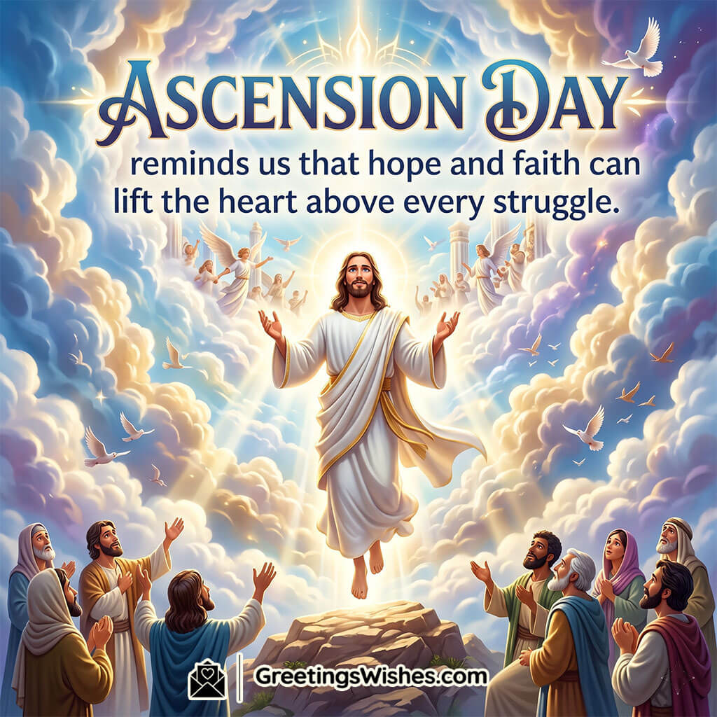 Inspirational Ascension Day Message Image featuring Jesus ascending in the heavens with angels and followers praying below symbolizing faith, encouragement, and strength through hope.