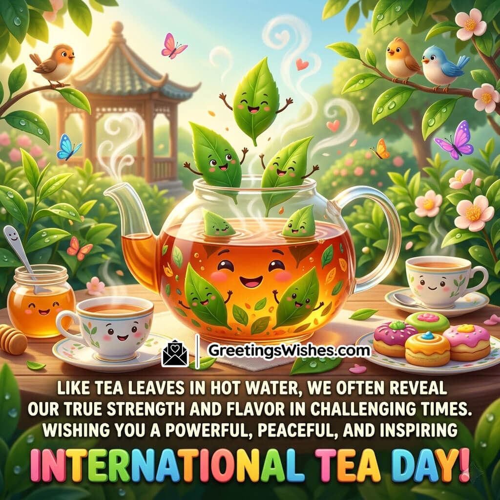 Inspirational International Tea Day Quote Image featuring cheerful tea leaves dancing inside a glowing teapot with peaceful garden scenery symbolizing strength, positivity, and inner growth.