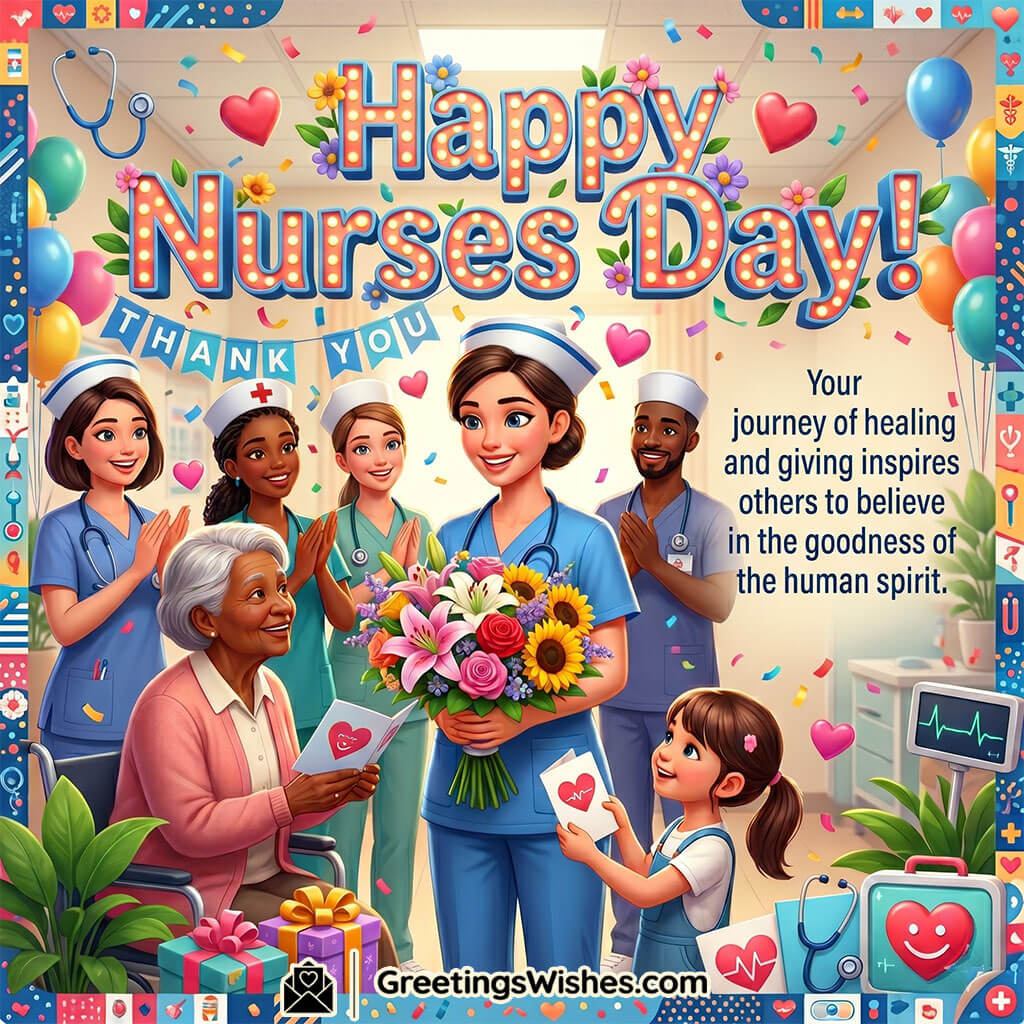 Inspirational Nurses Day Message Photo featuring nurses receiving flowers and heartfelt thanks from patients and families in a cheerful hospital setting symbolizing kindness, hope, and the inspiring spirit of caregiving.