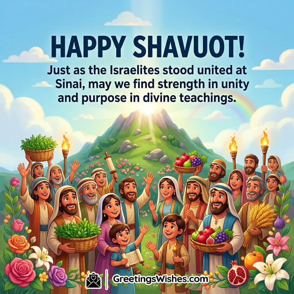 Inspirational Shavuot Quote Image featuring people gathered near Mount Sinai with fruits, flowers, and Torah teachings symbolizing unity, faith, and divine guidance.