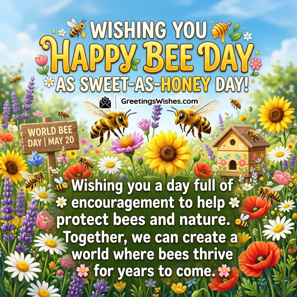 Inspirational World Bee Day Message Image featuring bees flying among bright flowers and a colorful beehouse symbolizing encouragement, teamwork, and protecting nature for the future.